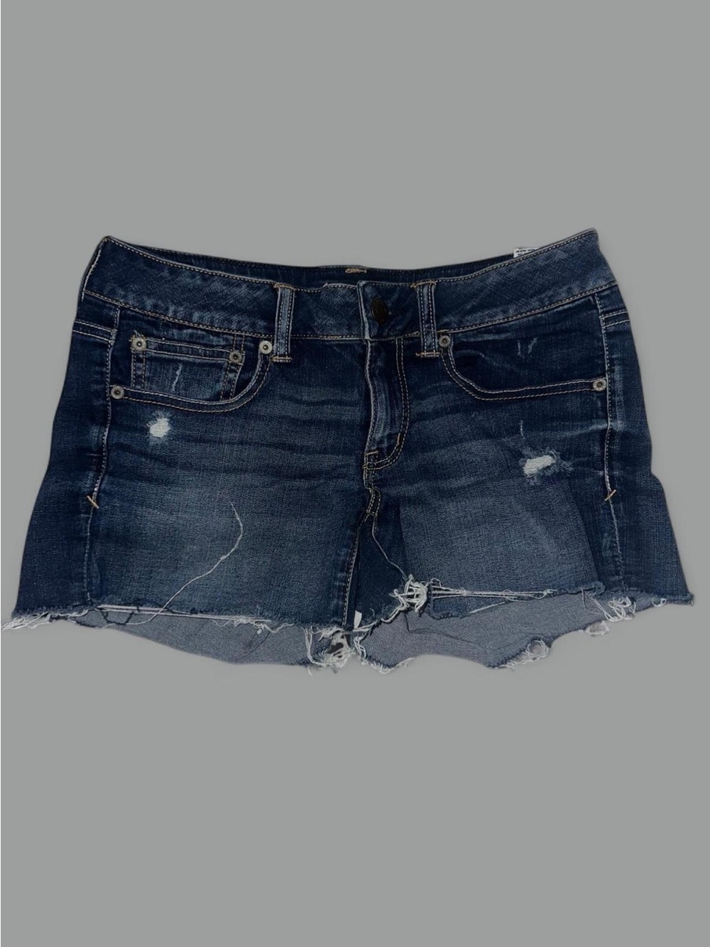 American Eagle AE Low Rise Dark Blue Distressed Ripped Denim Jean Shorts - Picture 1 of 4